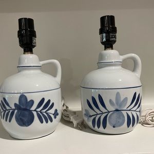 Set of 2 White & Blue Pottery Handmade Stoneware Pitcher Lamps Farmhouse…